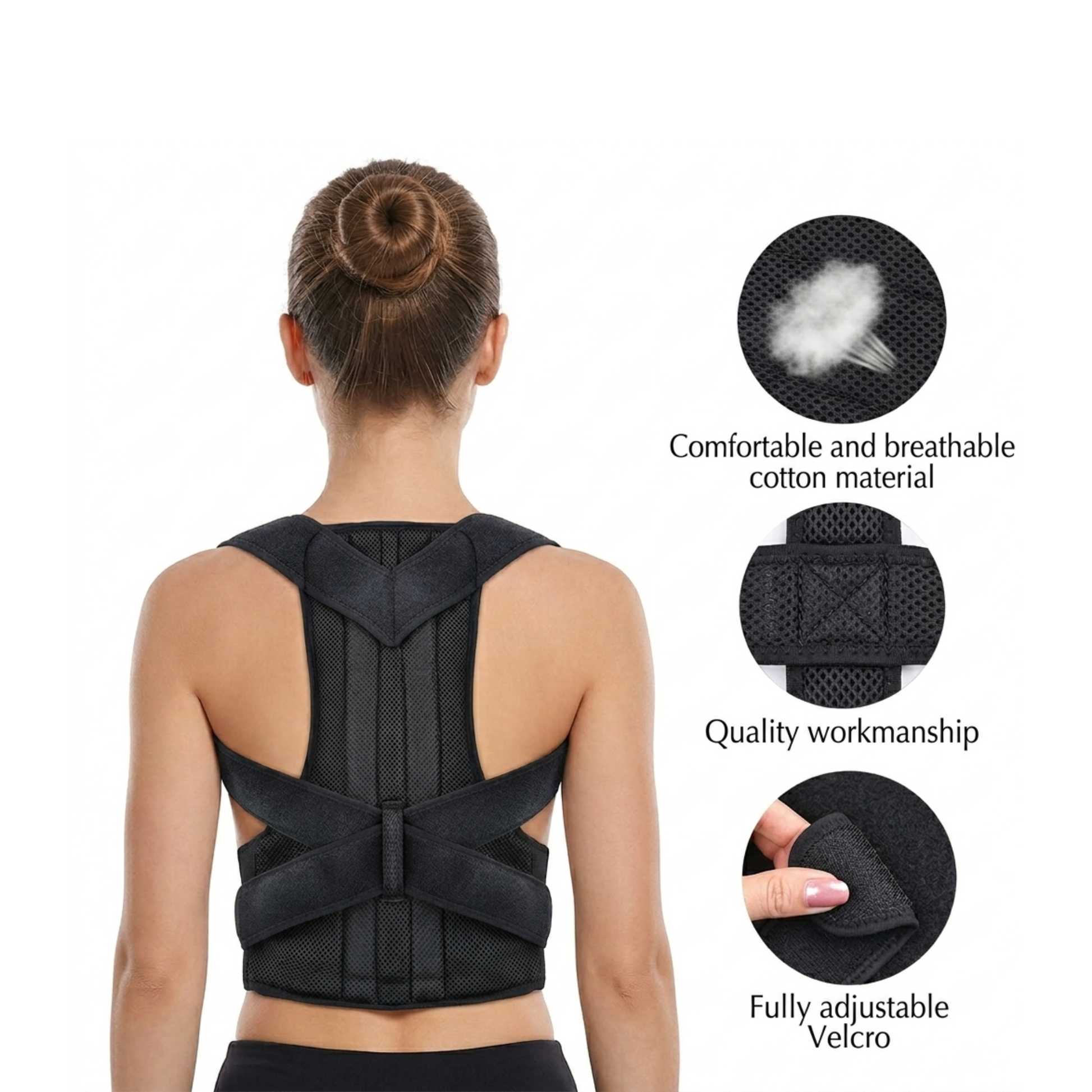 Woman wearing Ramveo posture corrector showing breathable mesh fabric, reinforced stitching, and adjustable velcro straps